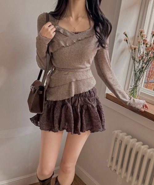 UP START（アップスタート）の「【LAMPOON】レイヤードフリルニットソー（ニット/セーター・レディース・ホワイト/グレー/ベージュ・FREE）」の3枚目の写真