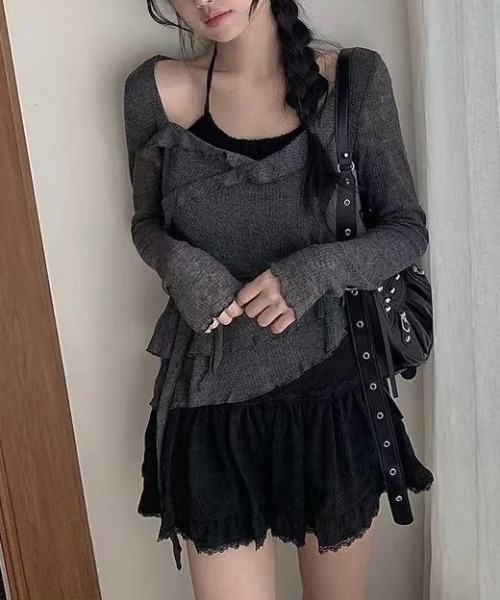 UP START（アップスタート）の「【LAMPOON】レイヤードフリルニットソー（ニット/セーター・レディース・ホワイト/グレー/ベージュ・FREE）」の6枚目の写真