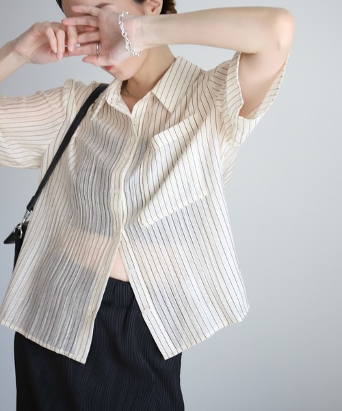 select MOCA（セレクトモカ）の「シアーストライプショートシャツ（シャツ/ブラウス・レディース・アイボリー/ベージュ・FREE）」の6枚目の写真