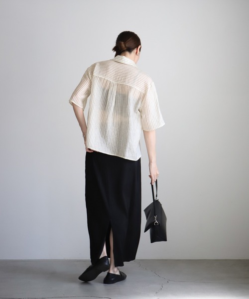 Vネックストライプショートシャツ シアーストライプショートシャツ（シャツ/ブラウス）｜select
