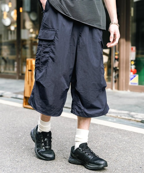 膝下丈 ワンタック ナイロンワイドカーゴハーフパンツ（カーゴパンツ