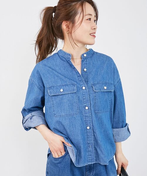 ブラウス シャツ スタンドネックパールボタンシャツ レディース le.coeur blanc｜《軽い素材》スタンドネックパールボタンシャツ