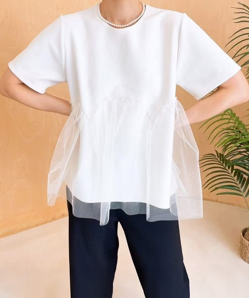 Lace Ladies(レースレディース)の「チュール ペプラム 半袖 クルーネック Tシャツ(Tシャツ/カットソー・レディース・ホワイト/ブラック・FREE)」の2枚目の写真