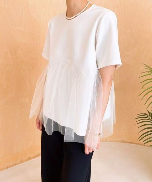 Lace Ladies(レースレディース)の「チュール ペプラム 半袖 クルーネック Tシャツ(Tシャツ/カットソー・レディース・ホワイト/ブラック・FREE)」の3枚目の写真