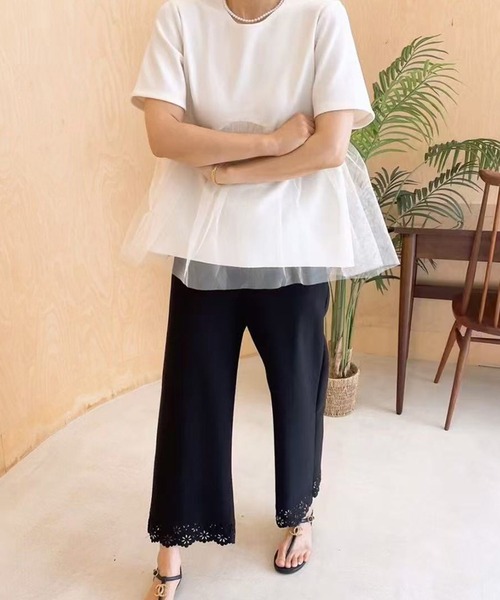 Lace Ladies(レースレディース)の「チュール ペプラム 半袖 クルーネック Tシャツ(Tシャツ/カットソー・レディース・ホワイト/ブラック・FREE)」の4枚目の写真