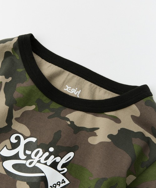 国内配送★X-girl★ベビーTシャツ カモ柄含む 3色 CURSIVE LOGO CAMO S/S BABY TEE（Tシャツ/カットソー）｜X-girl