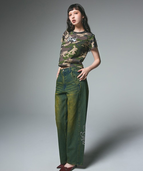 新品　X-girl CURSIVE LOGO CAMO TEE エックスガール CURSIVE LOGO CAMO S/S BABY TEE（Tシャツ/カットソー）｜X-girl
