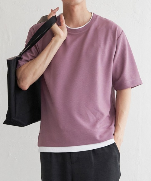 ikka（イッカ）の「【プチプラ1990円（税抜）】【吸水速乾】ドライ鹿の子レイヤードTシャツ5分袖（Tシャツ/カットソー・メンズ・ライム/ピンク/ベージュ/ネイビー/エメラルドブルー・S/M/L/XL）」の5枚目の写真