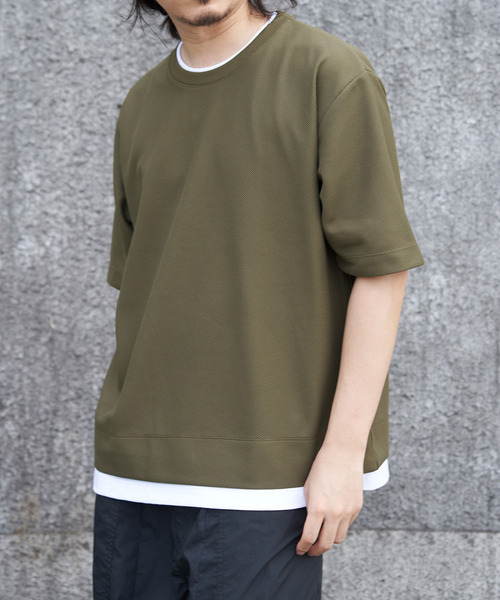 ikka（イッカ）の「【プチプラ1990円（税抜）】【吸水速乾】ドライ鹿の子レイヤードTシャツ5分袖（Tシャツ/カットソー・メンズ・ライム/ピンク/ベージュ/ネイビー/エメラルドブルー・S/M/L/XL）」の3枚目の写真