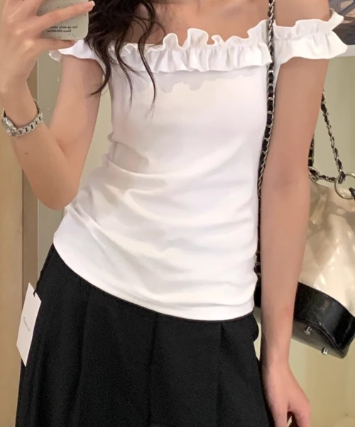 新品 ホワイトフリルオフショルダーキャミソール セール】フリル キャミソール オフショルダー2way（Tシャツ