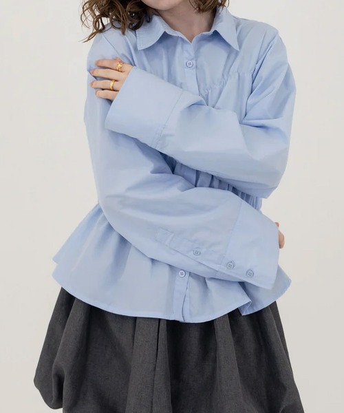 RANCLIC(ランクリック)の「シャーリングワイドスリーブシャツ(シャツ/ブラウス・レディース・ブルー/ホワイト×ブルー/ブラウン・FREE)」の8枚目の写真