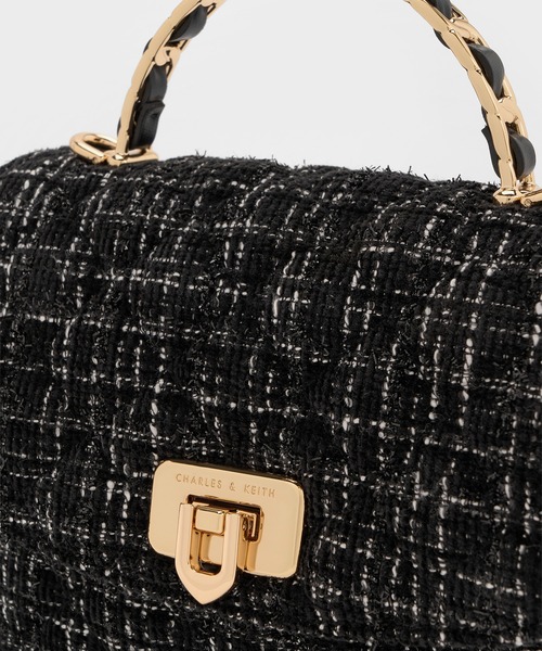 〈新品〉CHARLES & KEITH ツイードキルトハンドルバッグ 黒 Cressida クレシダ ツイードキルトトップハンドルバッグ