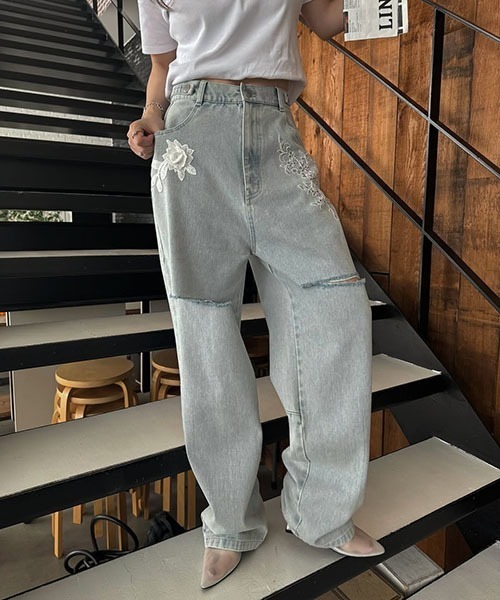 セール】size adjust motif lace loose denim PT（デニムパンツ