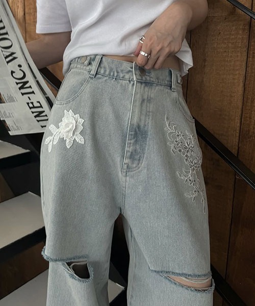 セール】size adjust motif lace loose denim PT（デニムパンツ