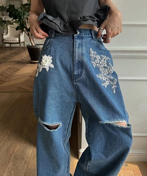 セール】size adjust motif lace loose denim PT（デニムパンツ
