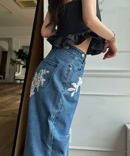 セール】size adjust motif lace loose denim PT（デニムパンツ