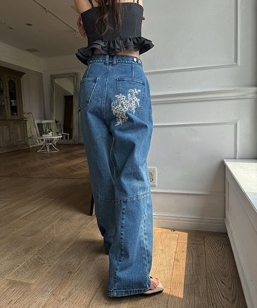 セール】size adjust motif lace loose denim PT（デニムパンツ