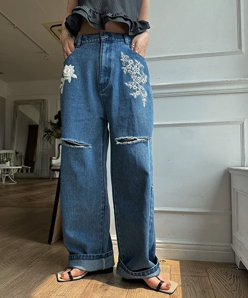 セール】size adjust motif lace loose denim PT（デニムパンツ
