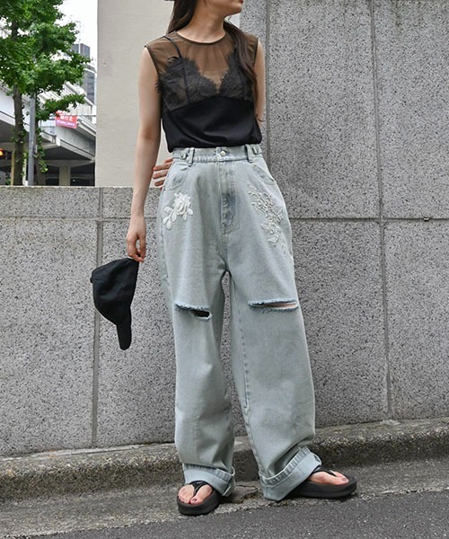 セール】size adjust motif lace loose denim PT（デニムパンツ