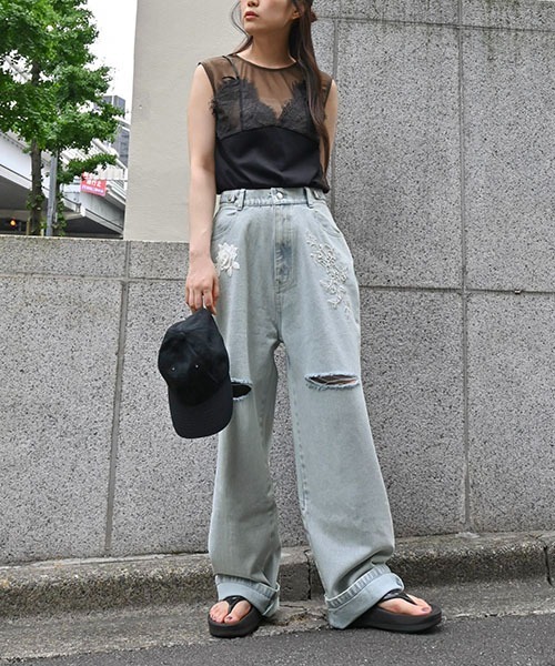 セール】size adjust motif lace loose denim PT（デニムパンツ