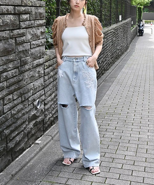セール】size adjust motif lace loose denim PT（デニムパンツ