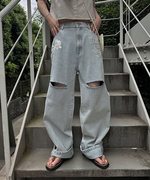 セール】size adjust motif lace loose denim PT（デニムパンツ