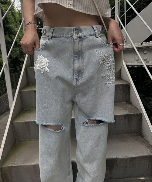 セール】size adjust motif lace loose denim PT（デニムパンツ