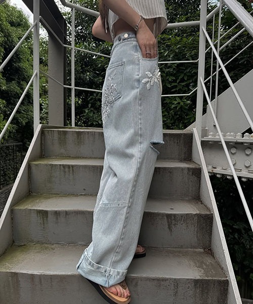 セール】size adjust motif lace loose denim PT（デニムパンツ