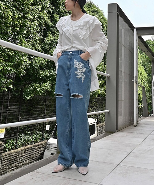 セール】size adjust motif lace loose denim PT（デニムパンツ