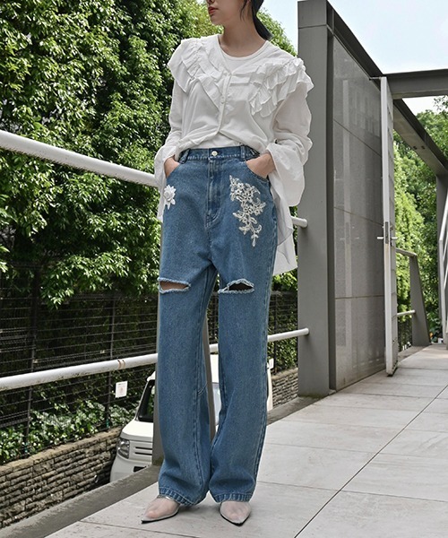 セール】size adjust motif lace loose denim PT（デニムパンツ