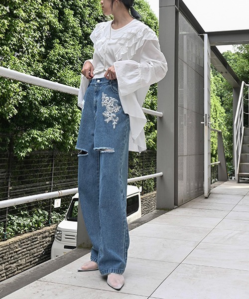 セール】size adjust motif lace loose denim PT（デニムパンツ