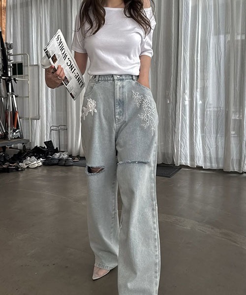 セール】size adjust motif lace loose denim PT（デニムパンツ