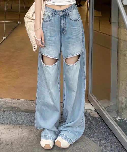 セール】カットアウトビジュー付デニムストレートパンツ（デニムパンツ