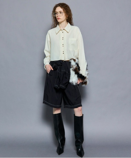 セール】Tuck Stripe Short Shirt/タックストライプショートシャツ セール】Tuck Stripe Short Shirt/タックストライプショートシャツ