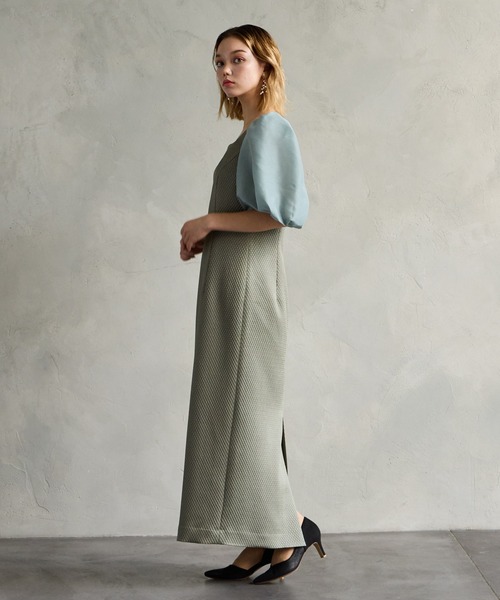 セール】ジャカード×オーガンジーボリュームスリーブタイトパーティー