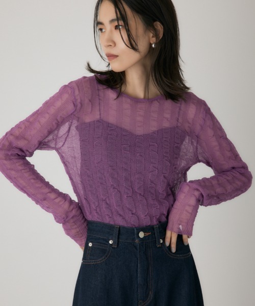 crie conforto(クリーコンフォルト)の「シャーリングシアーニット 秋服 / 長袖 / シアートップス(ニット/セーター・レディース・ブラック/パープル/オレンジ/オフホワイト・FREE)」の4枚目の写真