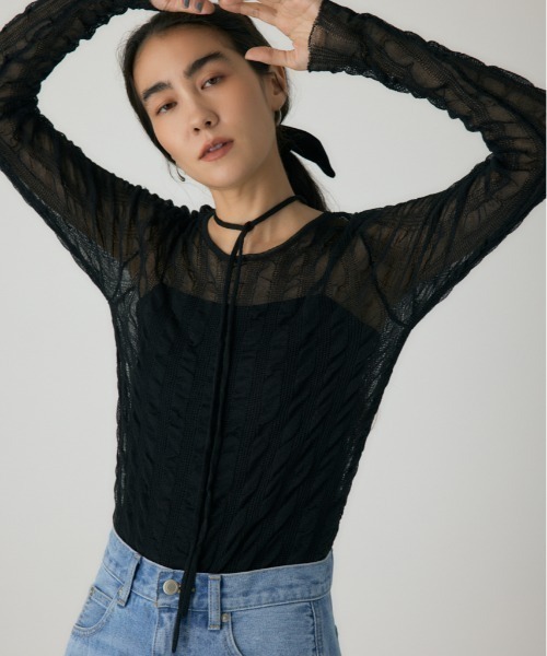 crie conforto(クリーコンフォルト)の「シャーリングシアーニット 秋服 / 長袖 / シアートップス(ニット/セーター・レディース・ブラック/パープル/オレンジ/オフホワイト・FREE)」の3枚目の写真
