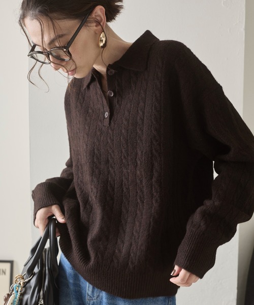 ケーブル ポロ襟 ニット プルオーバー（ニット/セーター）｜ANGIE