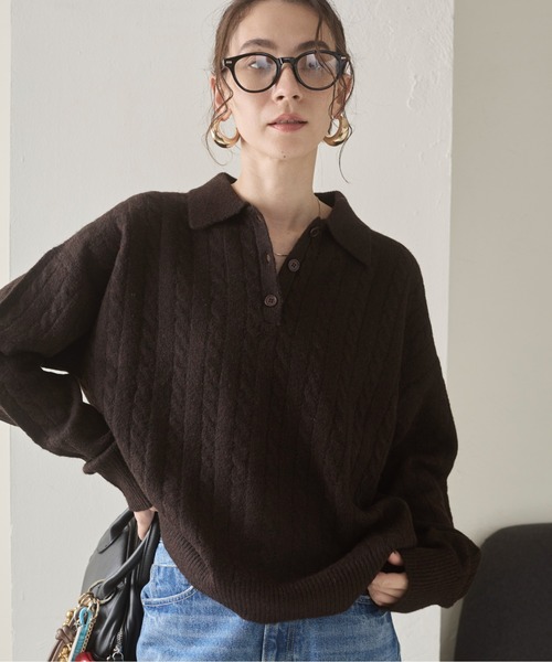 PUBG 黒 襟付きセーター セール】ケーブル ポロ襟 ニット プルオーバー（ニット/セーター