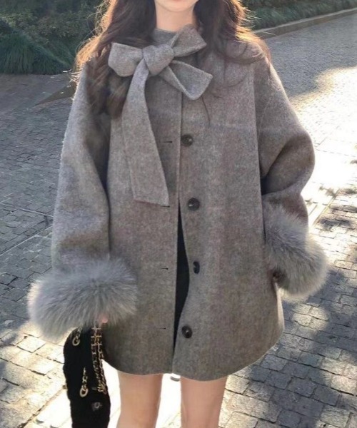 セール】襟リボン ふわふわエコファー付き袖口 ピーコート（ピーコート