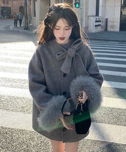 セール】襟リボン ふわふわエコファー付き袖口 ピーコート（ピーコート