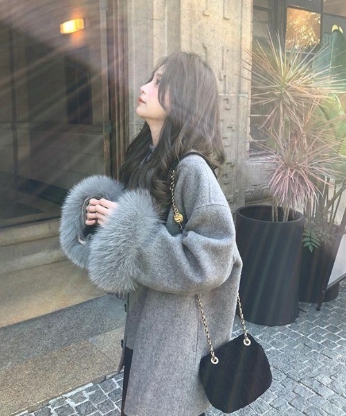 セール】襟リボン ふわふわエコファー付き袖口 ピーコート（ピーコート