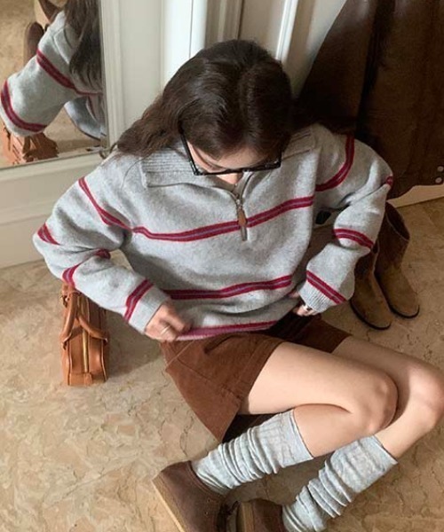 ハーフジップボーダー柄ニットプルオーバー（ニット/セーター