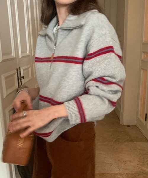 ハーフジップボーダー柄ニットプルオーバー（ニット/セーター