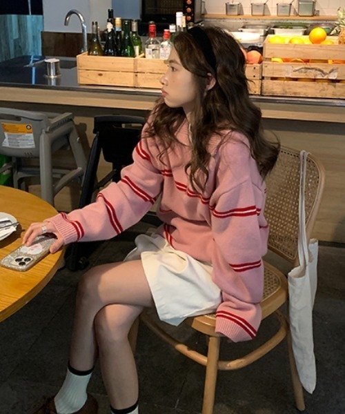 AsheKsha(アシクシャ)の「ハーフジップボーダー柄ニットプルオーバー(ニット/セーター・レディース・グレー/ピンク・M)」の7枚目の写真