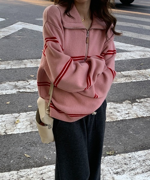 セール】ハーフジップボーダー柄ニットプルオーバー（ニット