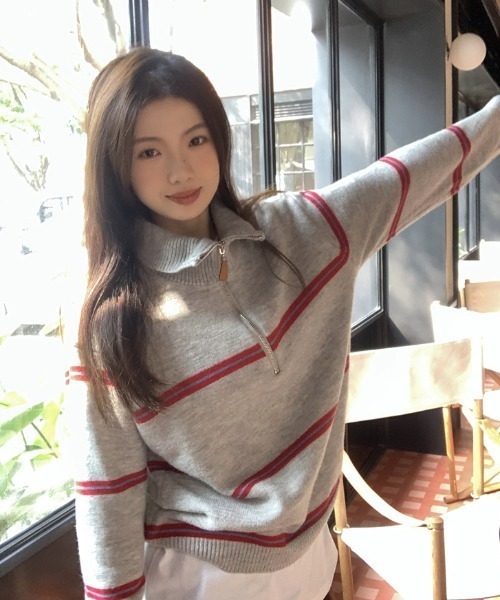 AsheKsha(アシクシャ)の「ハーフジップボーダー柄ニットプルオーバー(ニット/セーター・レディース・グレー/ピンク・M)」の18枚目の写真