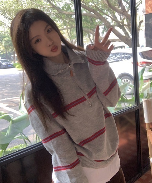 AsheKsha(アシクシャ)の「ハーフジップボーダー柄ニットプルオーバー(ニット/セーター・レディース・グレー/ピンク・M)」の20枚目の写真