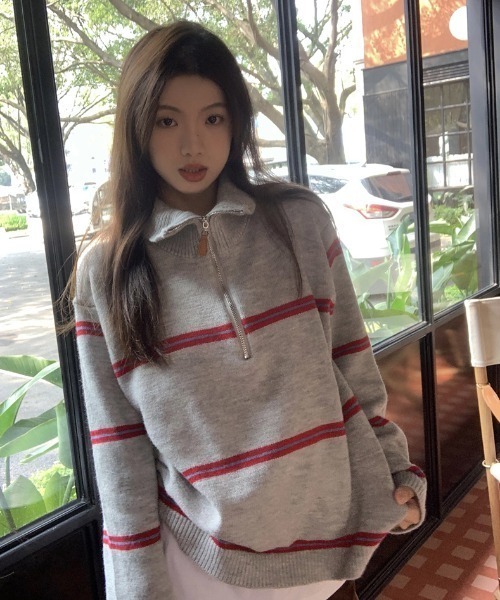 AsheKsha(アシクシャ)の「ハーフジップボーダー柄ニットプルオーバー(ニット/セーター・レディース・グレー/ピンク・M)」の21枚目の写真