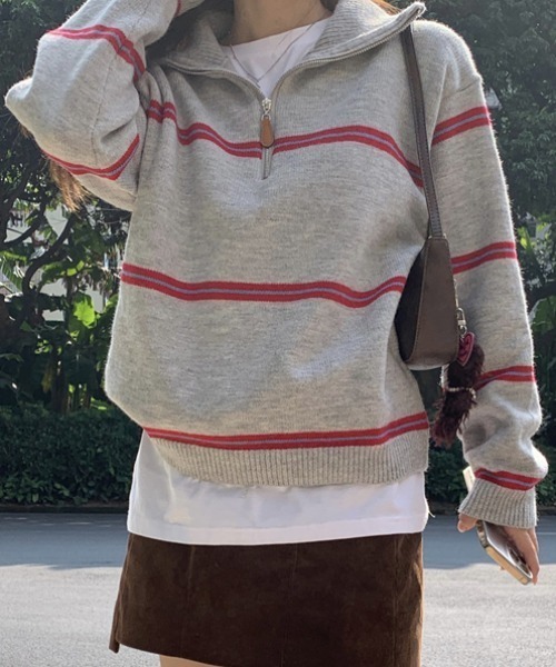 セール】ハーフジップボーダー柄ニットプルオーバー（ニット/セーター
